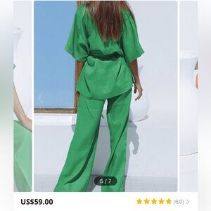 Like New Commense Oversized Green Linen Two Piece Pants Set